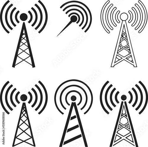 Vector art of multiple icons of communication towers transmitting wireless signals and waves