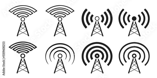 Vector art of a variety of communication tower icons showing wireless signals and broadcast waves