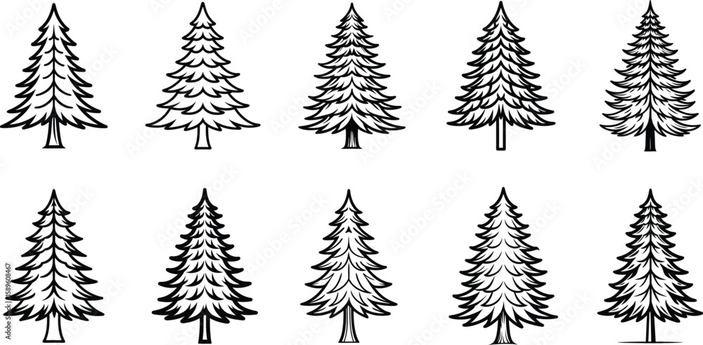 Obraz premium Ten different stylized pine trees isolated on a white background for various purposes