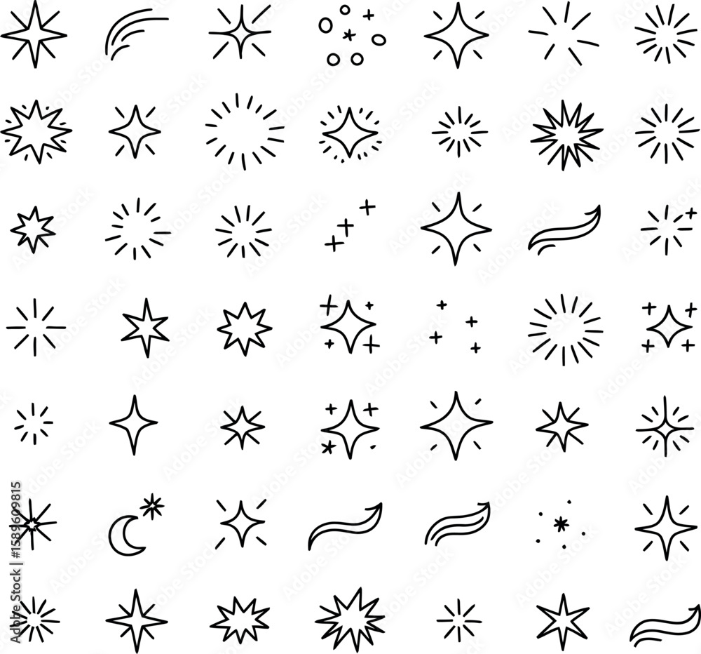 Fototapeta premium Collection of hand drawn black starbursts sparkles and celestial icons symbol