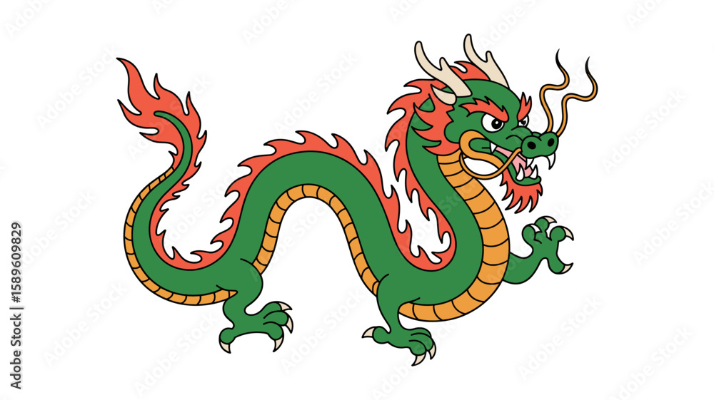 Obraz premium Stylized illustration of a traditional green chinese dragon with red and orange accents