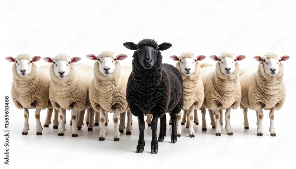Fototapeta premium A black sheep standing out from a group of white sheep