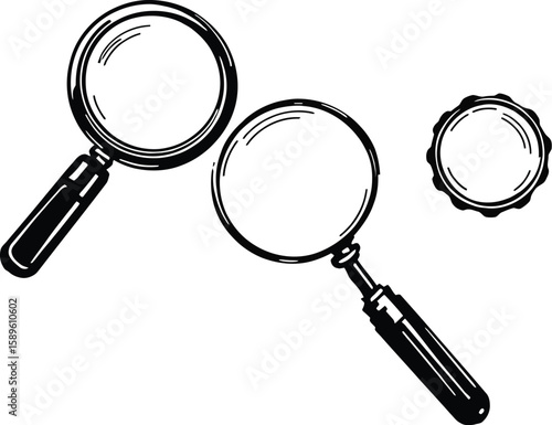 Magnifying Glass and Bottle Cap Vector Set Featuring Outline Icons for Search, Curiosity, Inspection and Creative Branding Themes