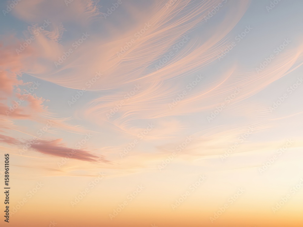 Obraz premium Delicate strands of peach and pink clouds painted across a soft blue canvas during the quiet moments of the morning light.