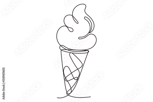 Line Art Ice Cream Cone Outline Contour Drawing. Summer Beach Party decoration. Resort Rest Vacation Moments Symbol. Wavy Curved Shape Silhouette Design.