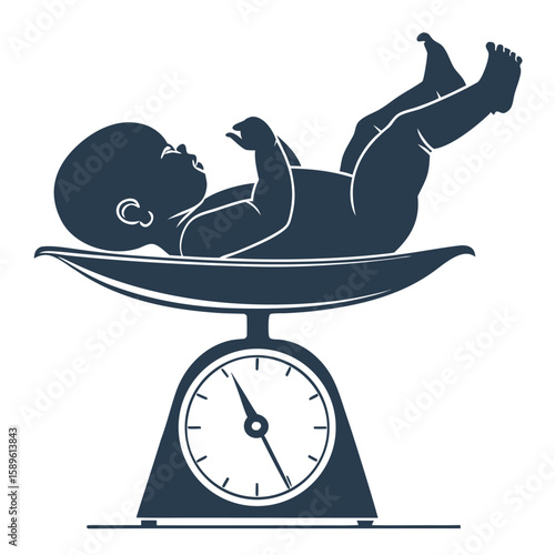 Vector art of a baby lies on a vintage weighing scale, its weight being measured