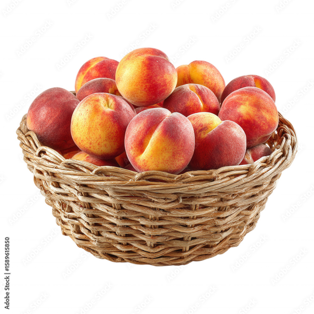 Ripe Fresh Peaches in Wicker Basket in Transparent Background Ripe Fresh Peaches in Wicker Basket in Transparent Background