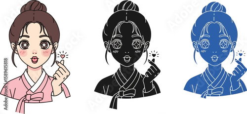 Korean girl hanbok vector art illustration k pop finger heart design graphic