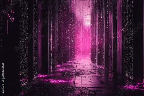 Futuristic server room illuminated with magenta lights, data stream, technology infrastructure, AI, cyberspace