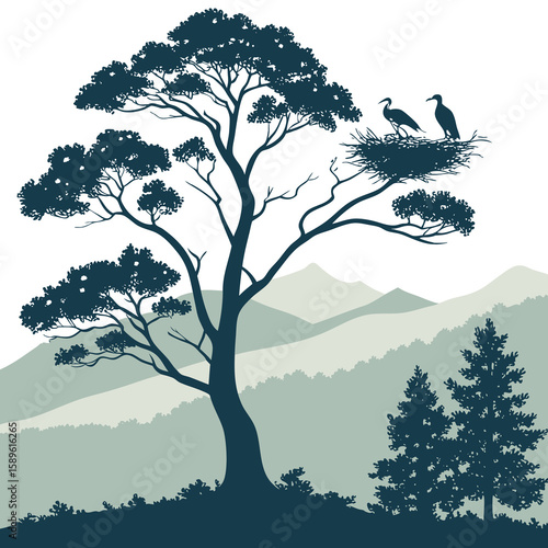 Wallpaper Mural Silhouette Tree with Bird Nest in Mountain Landscape Vector Illustration
 Torontodigital.ca