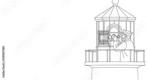  Lighthouse keeper adjusting lamp in line art illustration