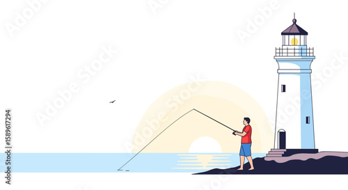  Man fishing by lighthouse at sunrise coastal illustration
