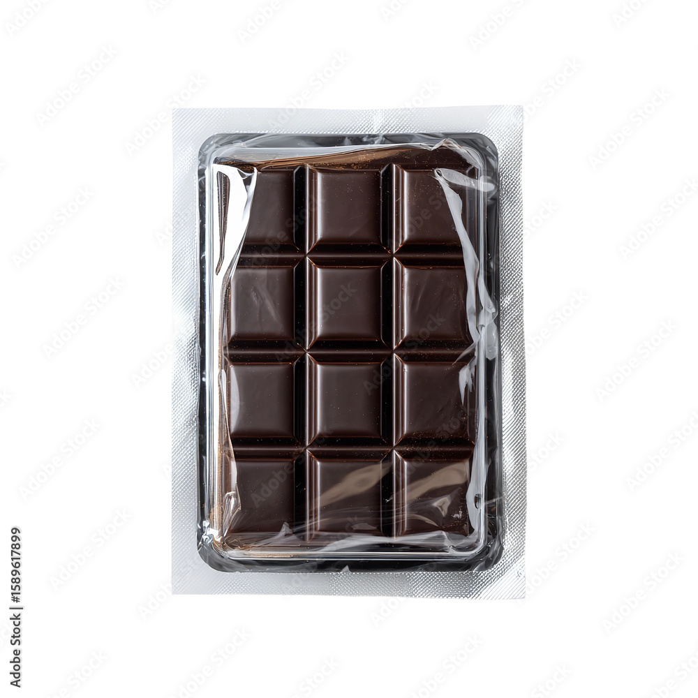 Obraz premium Dark Chocolate Delight: An enticing overhead shot of a rich, dark chocolate bar, neatly packaged, promising a moment of pure indulgence.
