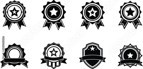 Set of Black and White Vector Medals Badges and Awards Emblems Icons