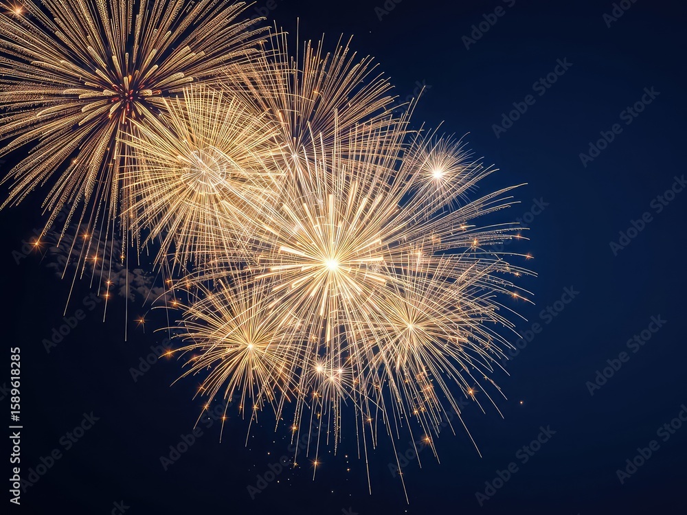 Fototapeta premium Golden firework explosions illuminate the night sky with dazzling bursts of light, celebrating festive occasions and marking moments of joy