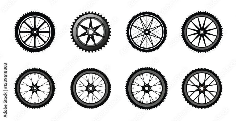Assortment of Bicycle Wheels with Different Spoke Designs and Tire Treads Assortment of Bicycle Wheels with Different Spoke Designs and Tire Treads