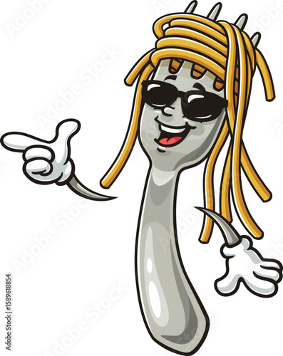 Cartoon character of spaghetti on a fork wearing sunglasses