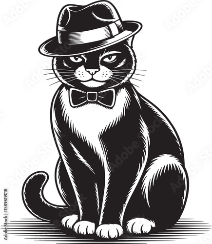 Elegant Black Cat Wearing Fedora Hat And Bow Tie Sitting