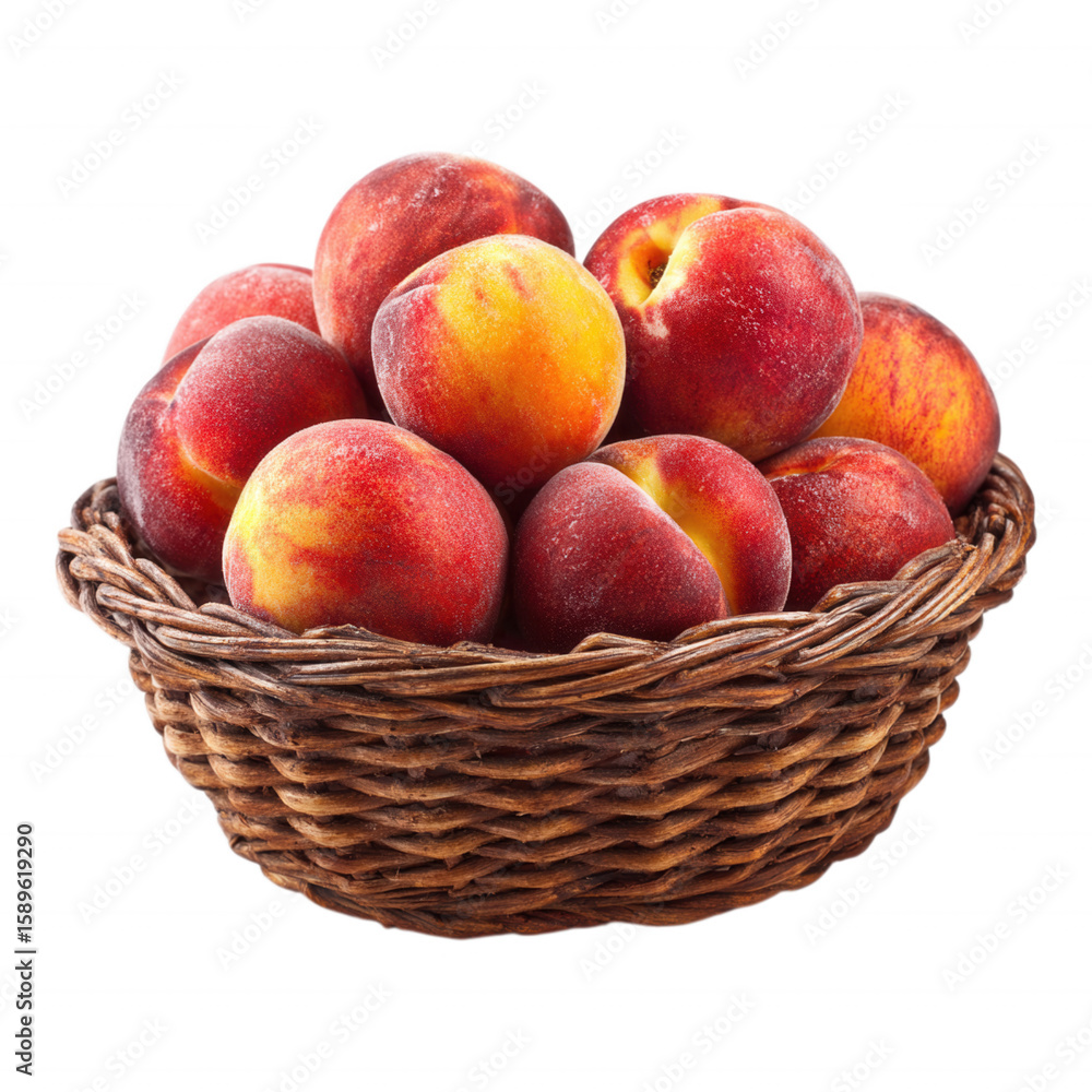 Ripe Fresh Peaches in Wicker Basket in Transparent Background Ripe Fresh Peaches in Wicker Basket in Transparent Background