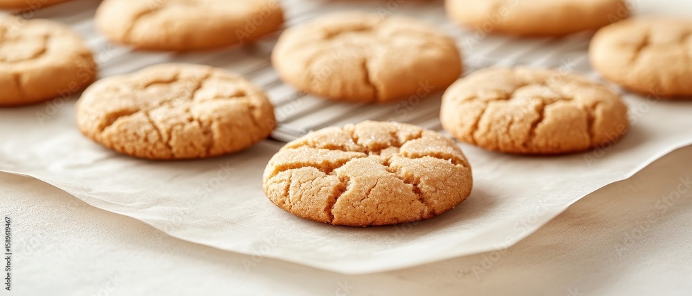 Freshly baked golden cookies cooling on a wire rack atop white parchment paper in a bright kitchen setting. Close up of sugary treat. Freshly baked golden cookies cooling on a wire rack atop white parchment paper in a bright kitchen setting. Close up of sugary treat.