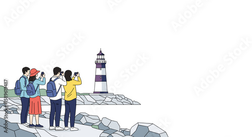  Group of tourists photographing lighthouse on rocky shore illustration