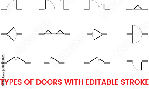 Types of doors set, Architectural elements, set of doors for floor plan, construction elements, graphic design, interior design, customizable stroke, vector, illustration