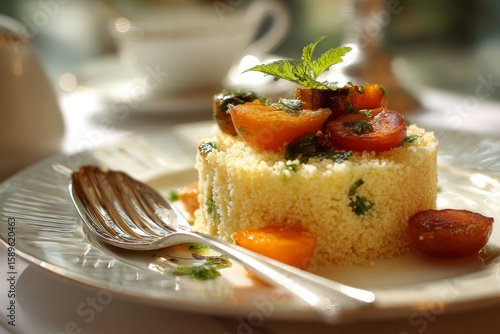 Fototapeta Naklejka Na Ścianę i Meble -  Couscous, north african grain dish topped with roasted carrots and herbs on white plate. Concept of warmth and inviting atmosphere centered on couscous.