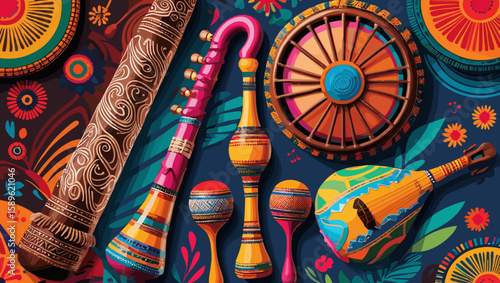 Colorful traditional musical instruments arranged on a vibrant patterned background showcasing cultural artistry