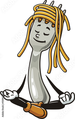 Cartoon character of spaghetti on a fork is meditating or relaxing
