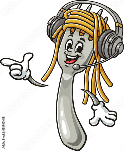 Cartoon character of spaghetti on a fork wearing a headset or headphones