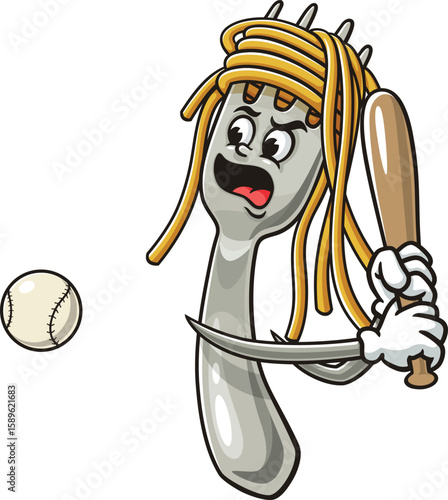 Cartoon character of spaghetti on a fork playing baseball