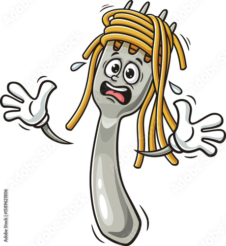 Cartoon character of spaghetti on a fork is panicking or scared