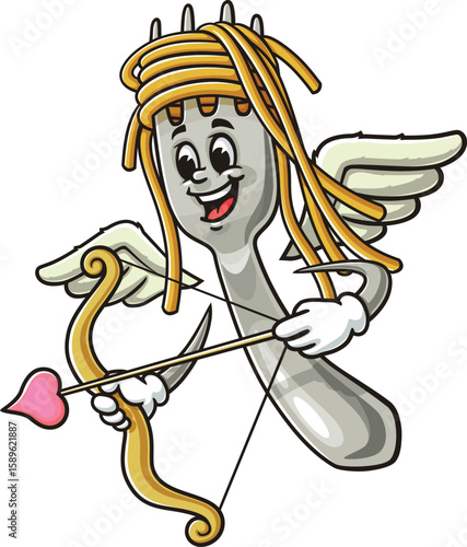 Cartoon character of spaghetti on a fork being cupid