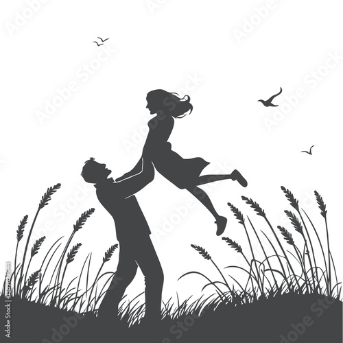 Romantic Couple Silhouette in Field with Man Lifting Woman
