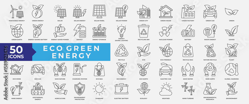 Eco Green Energy icons set collection. Containing pollution, ecology, green, eco, renewable, recycle, energy, nature, sustainable, leaves, power and plant icon. Simple Line Vector Illustration.