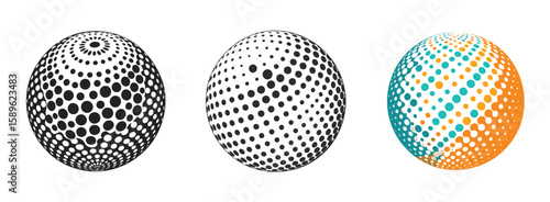 Three abstract spheres constructed from dot patterns and varying color schemes on white