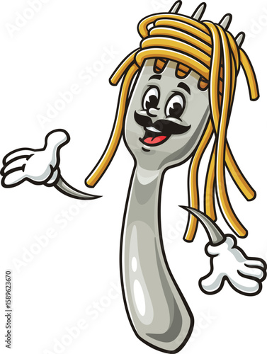 Cartoon character of spaghetti on a fork with a mustache