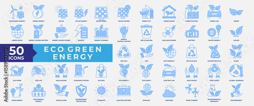 Eco Green Energy icons set collection. Containing pollution, ecology, green, eco, renewable, recycle, energy, nature, sustainable, leaves, power and plant icon. Simple Line Blue Vector Illustration.