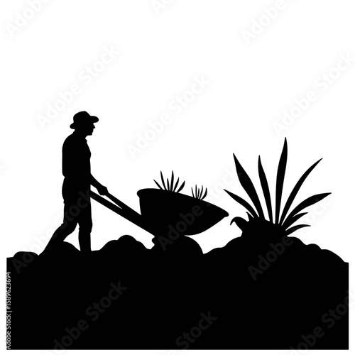 Gardener pushing wheelbarrow while planting in garden concept of gardening  