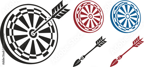 Vector art of a dartboard with an arrow hitting the bullseye, alongside red and blue dartboards and arrows