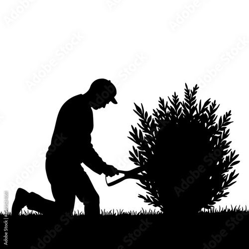 Gardener kneeling while pruning bush silhouette in garden setting  