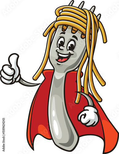 Cartoon character spaghetti on a fork in superhero style
