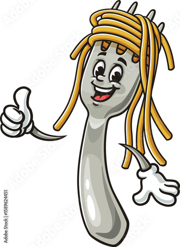 Cartoon character of spaghetti on a fork with a thumbs up pose