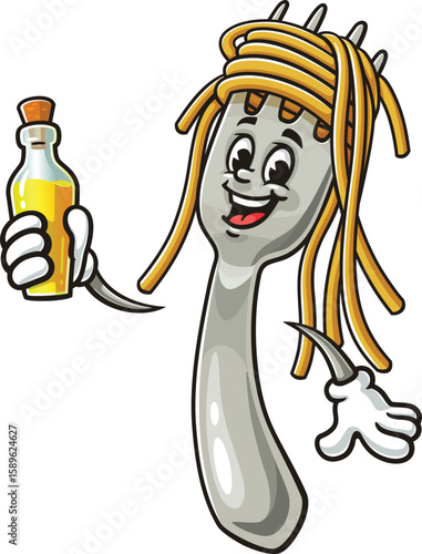 Cartoon character of spaghetti on a fork holding a bottle of oil