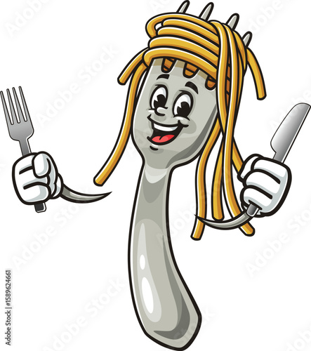 Cartoon character of spaghetti on a fork holding a fork and knife