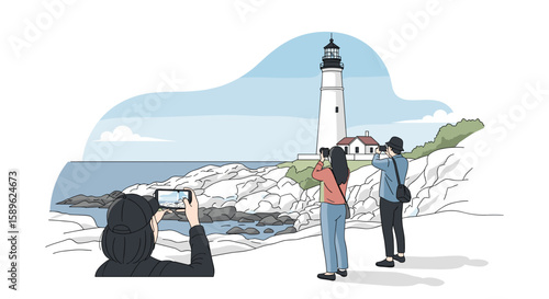 Tourists photographing lighthouse on rocky coast illustration
