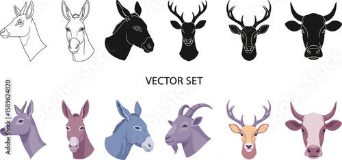 Vector animal heads set illustration of donkey deer goat and cow isolated