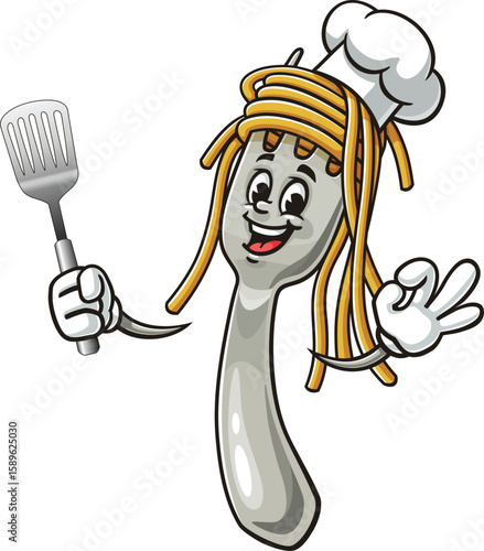 Cartoon character of spaghetti on a fork holding a spatula and wearing a chef's hat