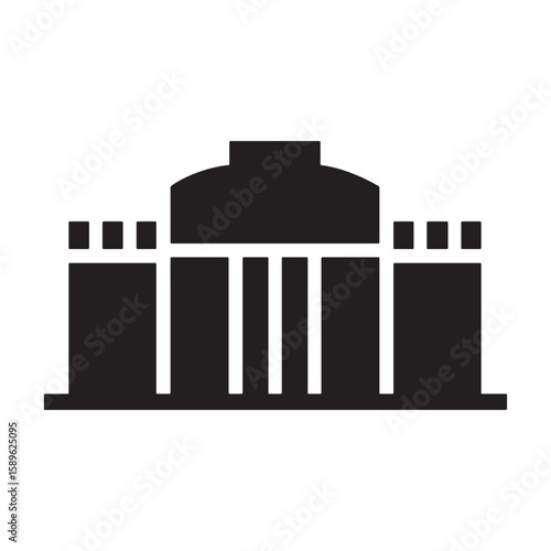 Black and white vector icon of an industrial factory building silhouette in a city skyline illustration
