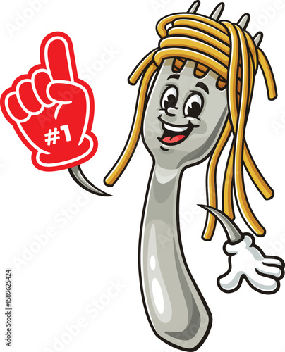 Cartoon character of spaghetti on a fork holding a giant foam finger
